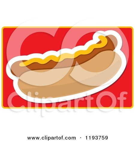 Cartoon of a Hot Dog Garnished with Mustard on Red with a Yellow Border - Royalty Free Vector Clipart by Maria Bell