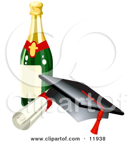 Graduation Cap, Red Tassel, Diploma and Wine Bottle Clipart Illustration by AtStockIllustration