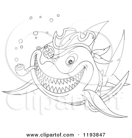 Cartoon of Line Art of a Pirate Shark Smoking a Pipe - Royalty Free Vector Clipart by Alex Bannykh