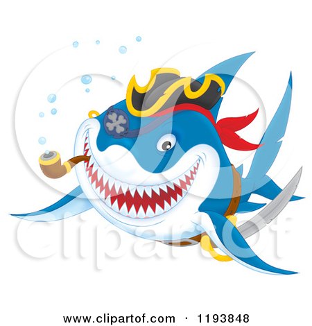 Cartoon of a Grinning Pirate Shark Swimming with a Pipe - Royalty Free Clipart by Alex Bannykh