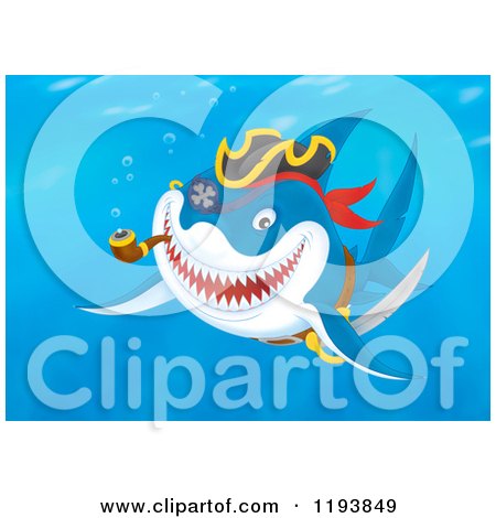 Cartoon of a Pirate Shark Swimming with a Pipe Underwater - Royalty Free Clipart by Alex Bannykh