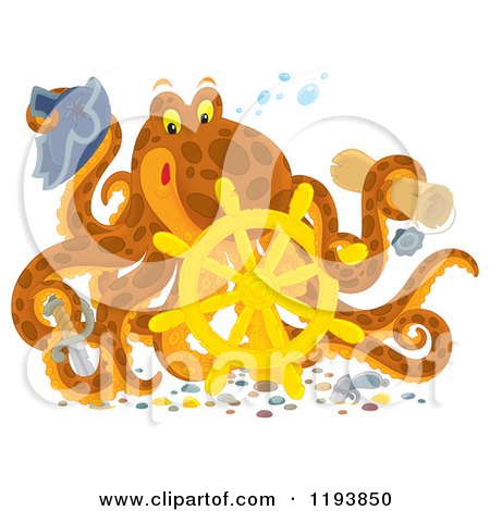 Cartoon of a Captain Octopus with a Scroll Hat Sword and Sunken Helm - Royalty Free Clipart by Alex Bannykh