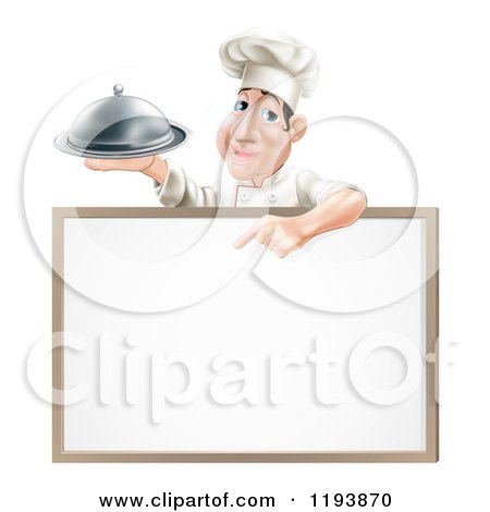 Cartoon of a Male Chef Holding a Cloche and Pointing down at a White Board - Royalty Free Vector Clipart by AtStockIllustration