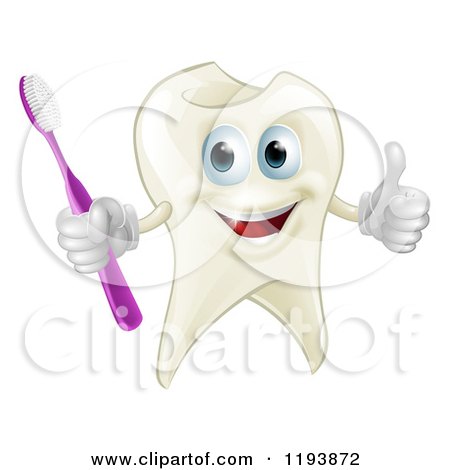 Cartoon of a Smiling Happy Tooth Mascot Holding a Thumb up and Toothbrush - Royalty Free Vector Clipart by AtStockIllustration