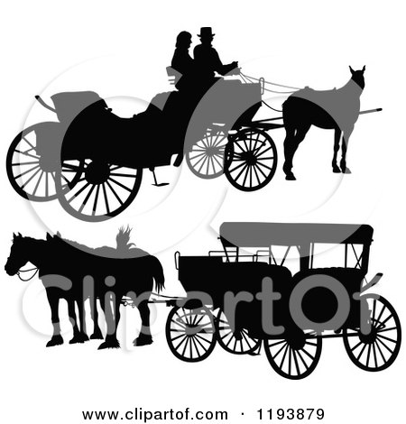 Clipart of Black Silhouetted Horse Drawn Carriages - Royalty Free Vector Illustration by dero