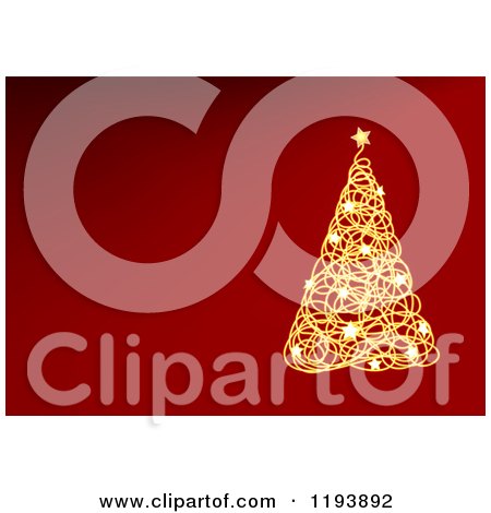 Clipart of a Golden Starry Christmas Tree on Red with Copyspace - Royalty Free Vector Illustration by dero