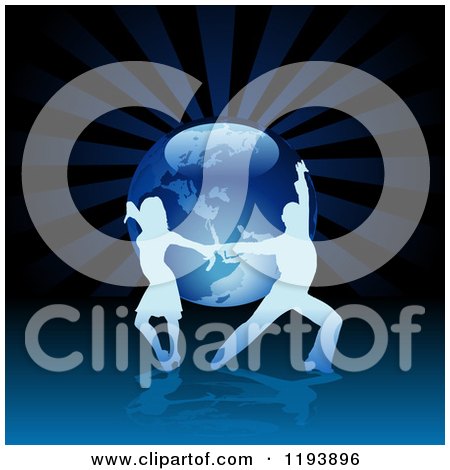 Clipart of a Silhouetted Latin Dance Couple over a Blue Globe and Rays - Royalty Free Vector Illustration by dero