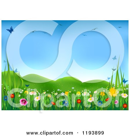 Clipart of a Spring Meadow with Butterflies Birds and Wild Flowers - Royalty Free Vector Illustration by dero