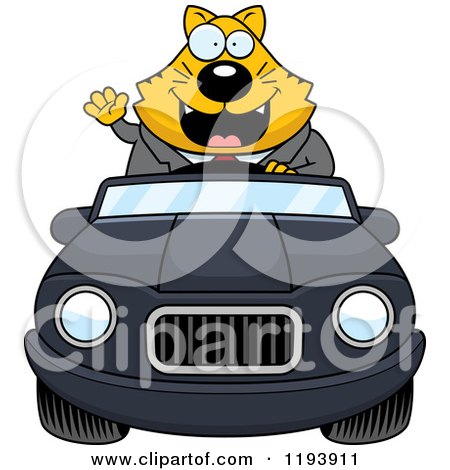 Cartoon of a Waving Chubby Business Cat Driving a Convertible Car - Royalty Free Vector Clipart by Cory Thoman