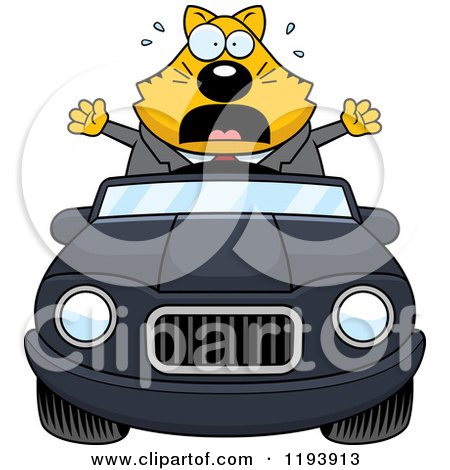 Cartoon of a Scared Chubby Business Cat Driving a Convertible Car - Royalty Free Vector Clipart by Cory Thoman