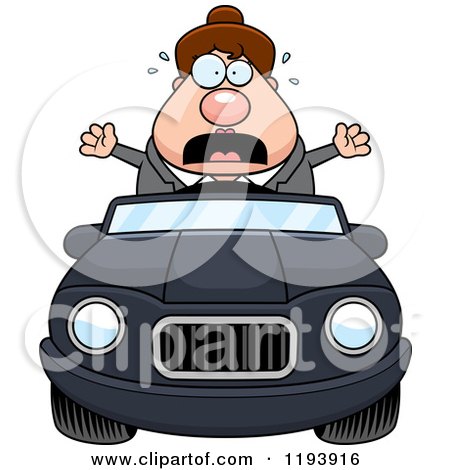 Cartoon of a Scared Chubby Commuting Businesswoman Driving a Convertible Car - Royalty Free Vector Clipart by Cory Thoman