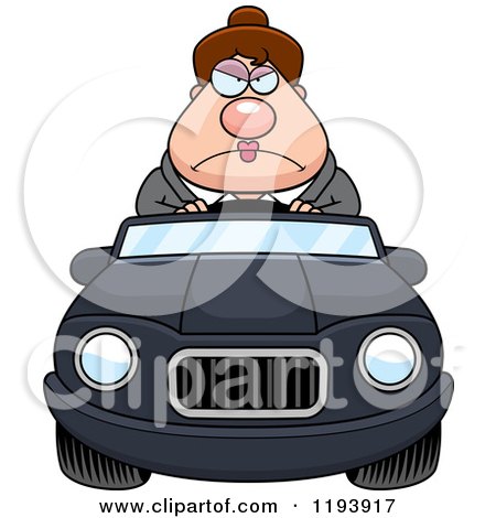 Cartoon of a Mad Chubby Commuting Businesswoman Driving a Convertible Car - Royalty Free Vector Clipart by Cory Thoman