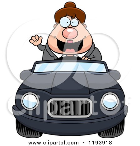 Cartoon of a Waving Chubby Commuting Businesswoman Driving a Convertible Car - Royalty Free Vector Clipart by Cory Thoman
