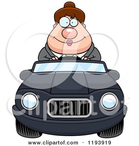 Cartoon of a Happy Chubby Commuting Businesswoman Driving a Convertible Car - Royalty Free Vector Clipart by Cory Thoman