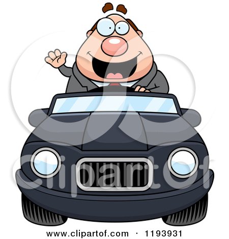 Cartoon of a Waving Chubby Commuting Businessman Driving a Convertible Car - Royalty Free Vector Clipart by Cory Thoman