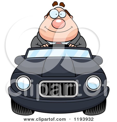 Cartoon of a Happy Chubby Commuting Businessman Driving a Convertible Car - Royalty Free Vector Clipart by Cory Thoman