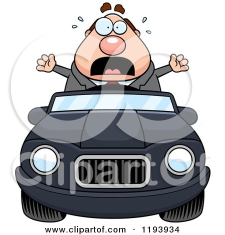 Cartoon of a Scared Chubby Commuting Businessman Driving a Convertible Car - Royalty Free Vector Clipart by Cory Thoman
