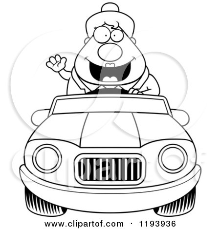 Cartoon of a Black And White Waving Chubby Commuting Businesswoman Driving a Convertible Car - Royalty Free Vector Clipart by Cory Thoman