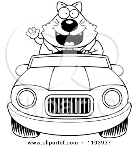 Cartoon of a Black And White Waving Chubby Business Cat Driving a Convertible Car - Royalty Free Vector Clipart by Cory Thoman