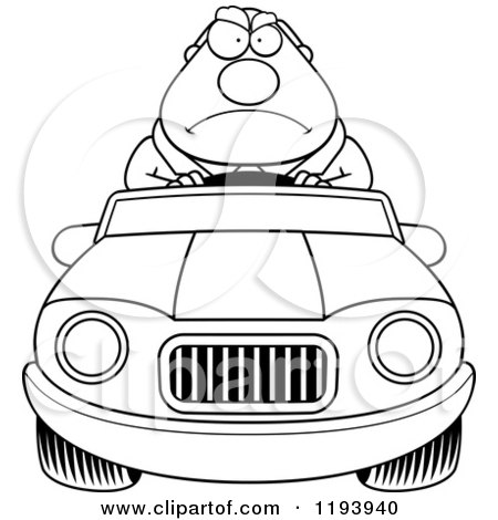 Cartoon of a Black And White Mad Chubby Commuting Businessman Driving a Convertible Car - Royalty Free Vector Clipart by Cory Thoman