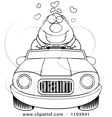 Cartoon of a Black And White Loving Chubby Commuting Businessman Driving a Convertible Car - Royalty Free Vector Clipart by Cory Thoman
