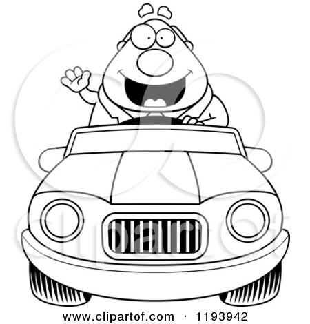 Cartoon of a Black And White Waving Chubby Commuting Businessman Driving a Convertible Car - Royalty Free Vector Clipart by Cory Thoman