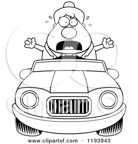 Cartoon of a Black And White Scared Chubby Commuting Businesswoman Driving a Convertible Car - Royalty Free Vector Clipart by Cory Thoman