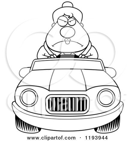 Cartoon of a Black And White Mad Chubby Commuting Businesswoman Driving a Convertible Car - Royalty Free Vector Clipart by Cory Thoman