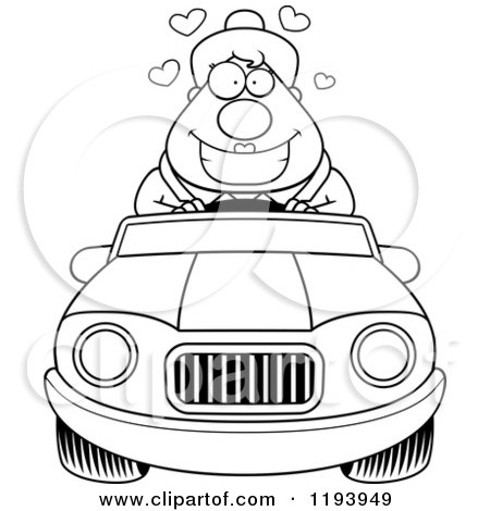 Cartoon of a Black And White Loving Chubby Commuting Businesswoman Driving a Convertible Car - Royalty Free Vector Clipart by Cory Thoman