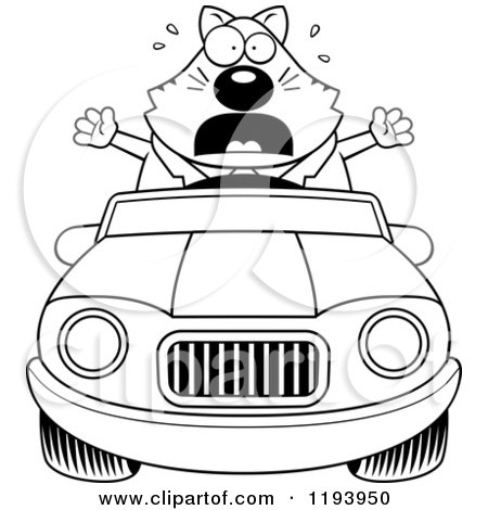 Cartoon of a Black And White Scared Chubby Business Cat Driving a Convertible Car - Royalty Free Vector Clipart by Cory Thoman