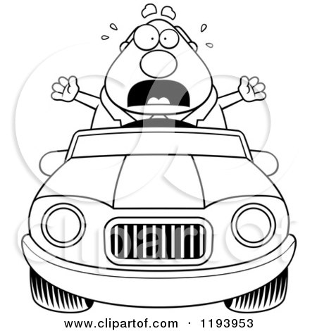 Cartoon of a Black And White Scared Chubby Commuting Businessman Driving a Convertible Car - Royalty Free Vector Clipart by Cory Thoman