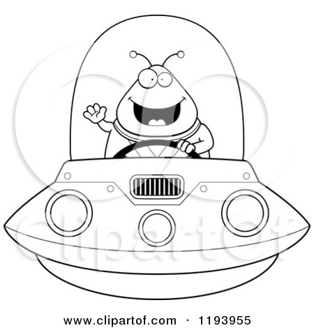 Cartoon of a Black And White Happy Waving Chubby Alien and Flying a Ufo - Royalty Free Vector Clipart by Cory Thoman