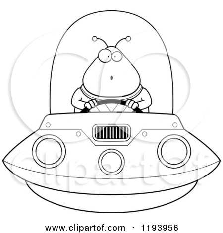Cartoon of a Black And White Surprised Chubby Alien Flying a Ufo - Royalty Free Vector Clipart by Cory Thoman