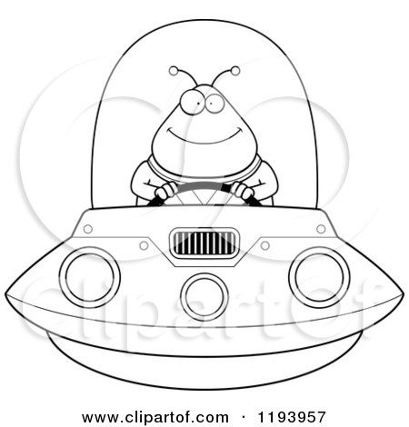 Cartoon of a Black And White Happy Chubby Alien Flying a Ufo - Royalty Free Vector Clipart by Cory Thoman