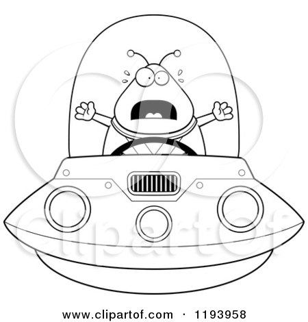 Cartoon of a Black And White Scared Chubby Alien Flying a Ufo - Royalty Free Vector Clipart by Cory Thoman
