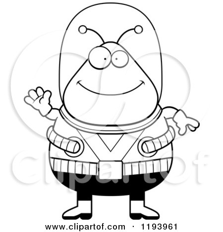 Cartoon of a Black And White Happy Waving Chubby Alien - Royalty Free Vector Clipart by Cory Thoman