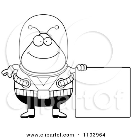 Cartoon of a Black And White Happy Chubby Alien Standing by a Sign - Royalty Free Vector Clipart by Cory Thoman