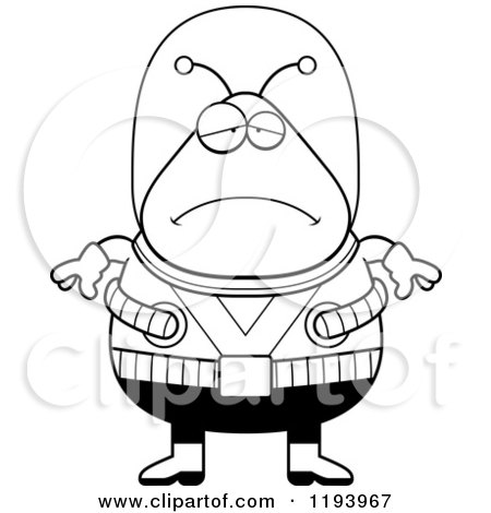 Cartoon of a Black And White Depressed Chubby Alien - Royalty Free Vector Clipart by Cory Thoman