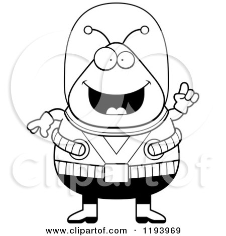 Cartoon of a Black And White Smart Chubby Alien with an Idea - Royalty Free Vector Clipart by Cory Thoman