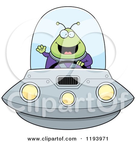 Cartoon of a Happy Waving Chubby Alien and Flying a Ufo - Royalty Free Vector Clipart by Cory Thoman