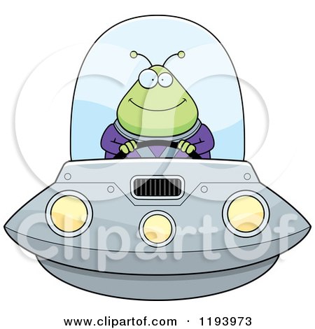 Cartoon of a Happy Chubby Alien Flying a Ufo - Royalty Free Vector Clipart by Cory Thoman