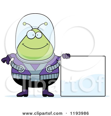Cartoon of a Happy Chubby Alien Standing by a Sign - Royalty Free Vector Clipart by Cory Thoman