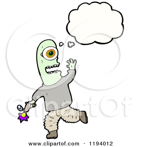 Cartoon of a Cyclops with a Ray Gun Thinking - Royalty Free Vector Illustration by lineartestpilot
