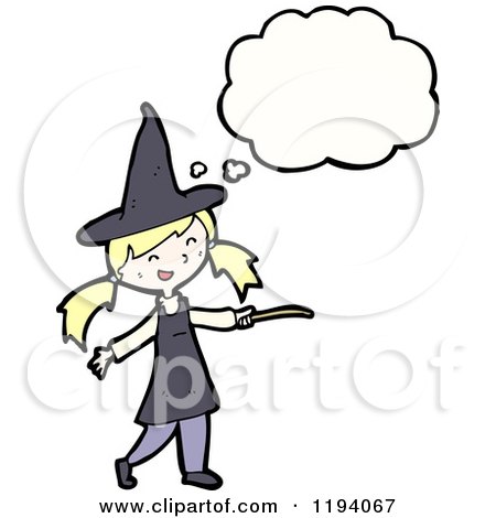 Cartoon of a Girl in a Witch Costume Thinking - Royalty Free Vector Illustration by lineartestpilot