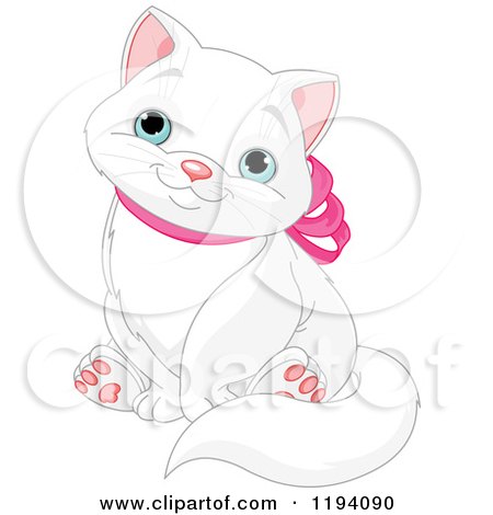 Cartoon of a Cute White Kitty Cat Sitting and Wearing a Pink Bow - Royalty Free Vector Clipart by Pushkin