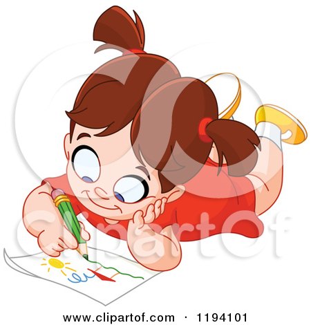 Cartoon of a Happy Girl Drawing on the Floor - Royalty Free Vector Clipart by yayayoyo