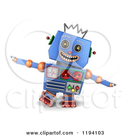 Clipart of a 3d Happy Blue Robot Pretending to Be an Airplane - Royalty Free CGI Illustration by stockillustrations