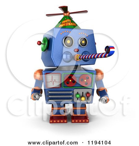 Clipart of a 3d Blue Party Robot Blowing a Noise Maker - Royalty Free CGI Illustration by stockillustrations