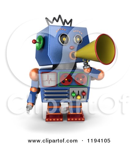 Clipart of a 3d Blue Robot Announcing with a Megaphone - Royalty Free CGI Illustration by stockillustrations