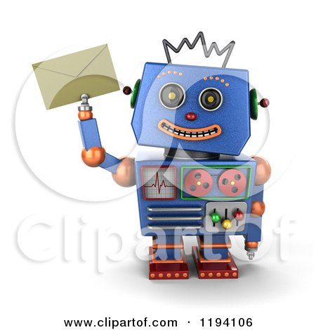 Clipart of a 3d Happy Blue Robot Holding up an Envelope - Royalty Free CGI Illustration by stockillustrations